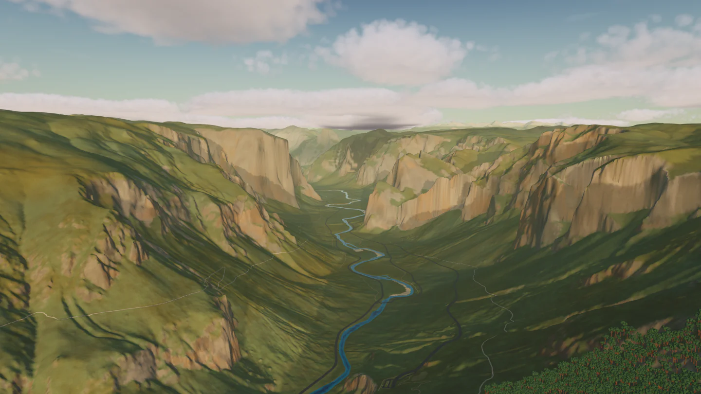 Yosemite Valley in the evening, Yosemite, United States. Rendered in Low Poly Earth.